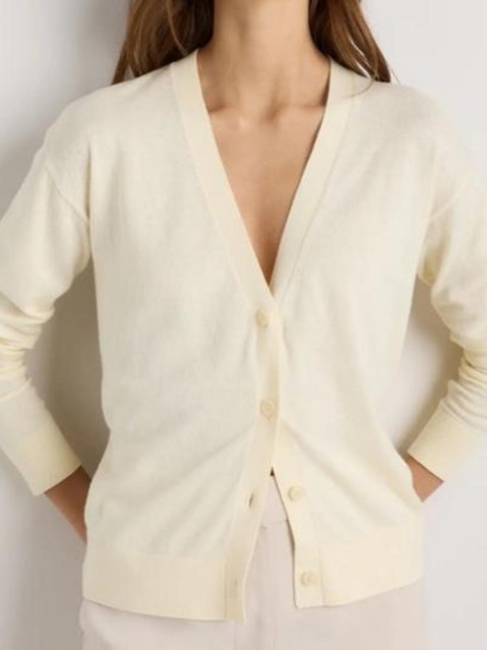 QUINCE Lightweight Cotton Cashmere Cardigan in Pale Custard Yellow - Size XS